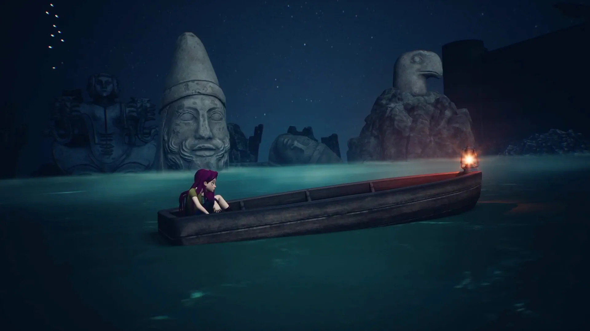 Ayasa: Shadows of Silence – bohaterka płynie łodzią między kamiennymi posągami