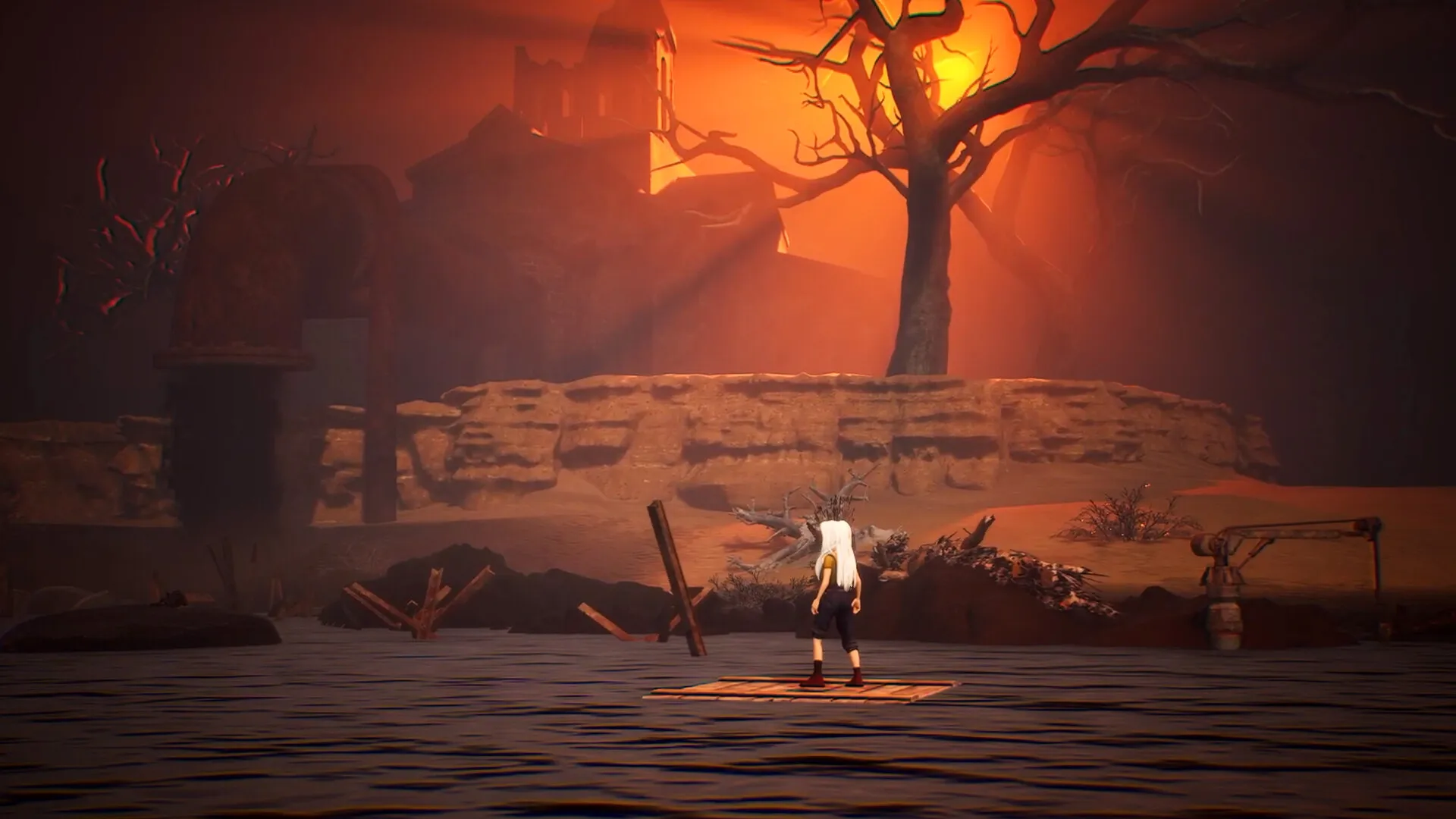 Ayasa: Shadows of Silence – bohaterka przy martwym drzewie w płonącej krainie