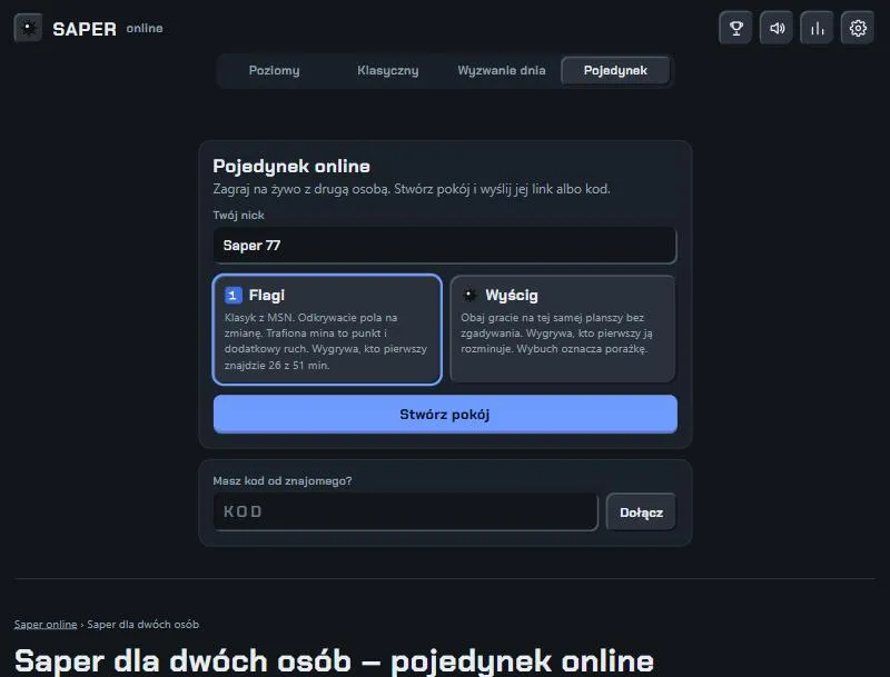 SaperOnline.pl – tworzenie pokoju w trybie Pojedynek