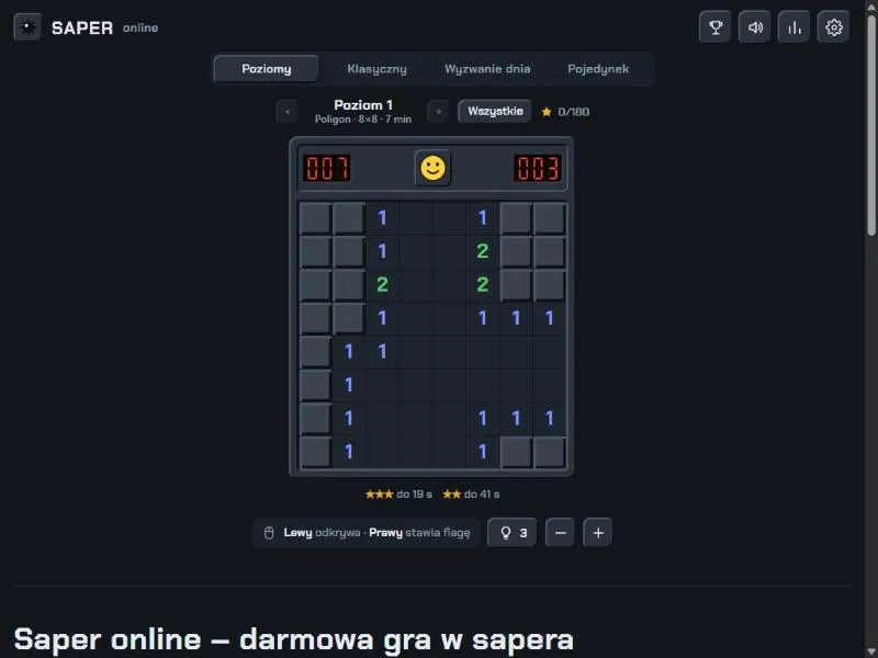 SaperOnline.pl – pierwsza plansza w trybie Poziomy