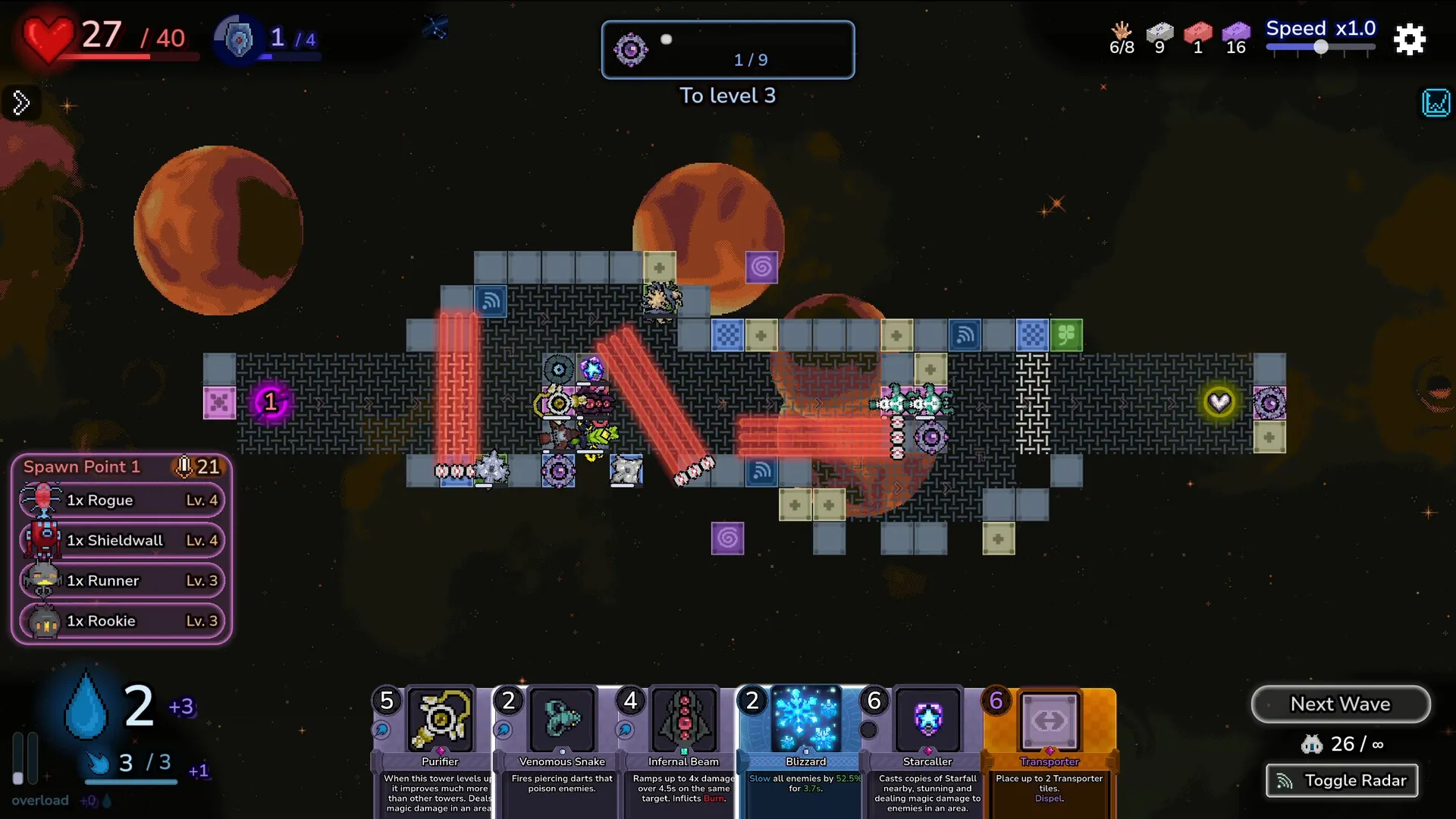 Tower Tactics II – plansza z wieżami i kartami na ręce