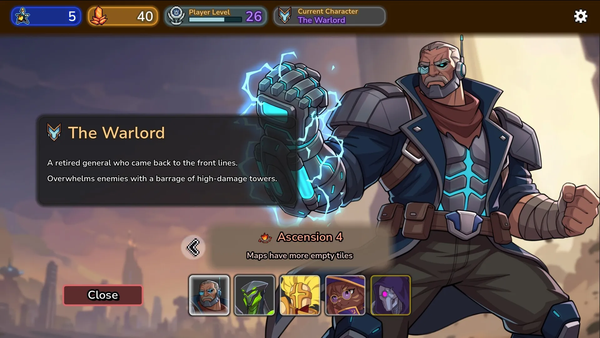 Tower Tactics II – ekran wyboru bohatera Warlord