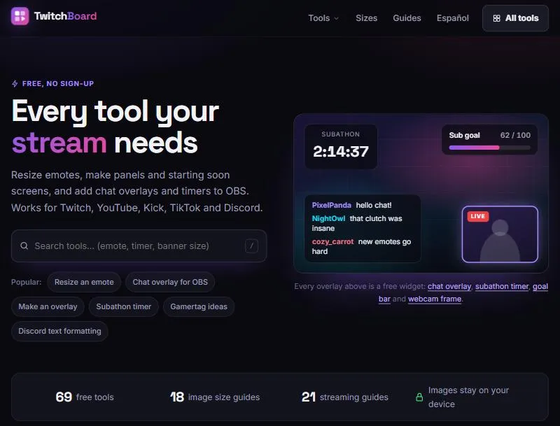 Strona główna TwitchBoard z darmowymi narzędziami dla streamerów